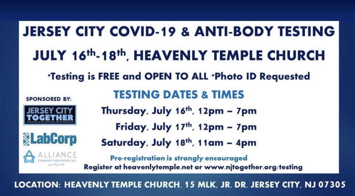 #COVID19 testing in community at Heavenly Temple Church: <a href="/kevinek_sr/">Kevin E Knight Sr</a> July 16th. 17th. at 12pm- 7pm &amp; July 18th at 11am-4pm <a href="/JerseyTogether/">New Jersey Together</a> in Partnership with <a href="/HealthierJC/">Healthier JC</a>