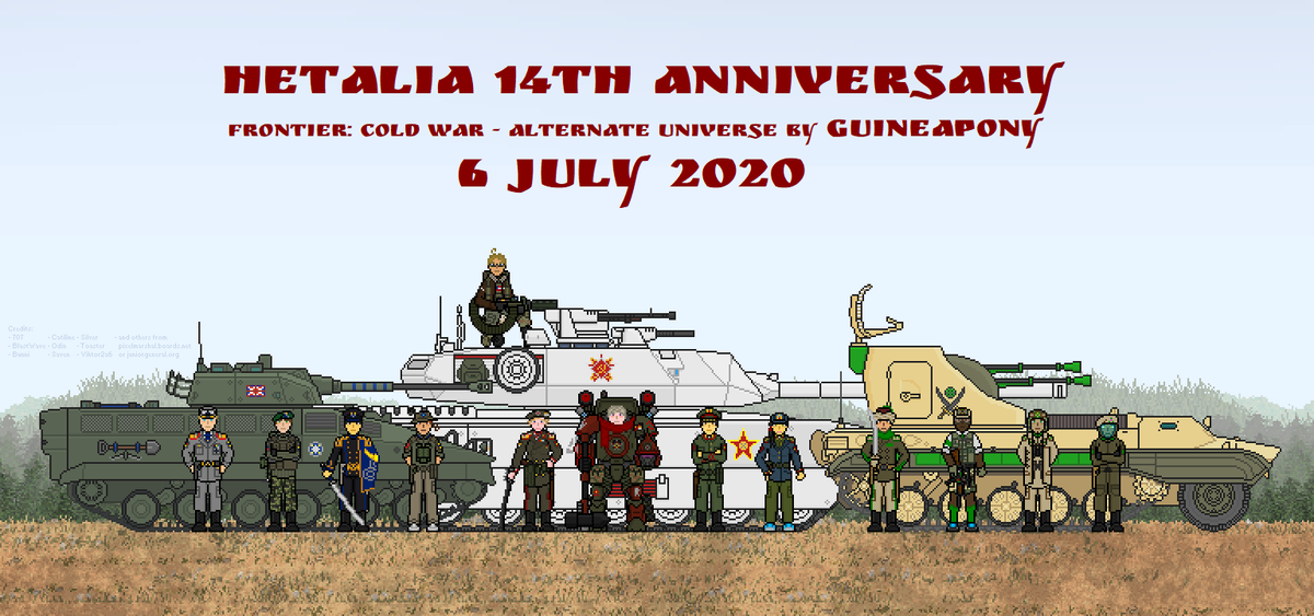guineapony's tweet photo. Hetalia is now 14 years old! Here's the stars of Frontier: Cold War AU.
#hetalia #APH #ヘタリア #ヘタリア14周年
L-R: #APHGermany, #APHEngland, #APHJapan, #APHItaly, #APHAmerica, #APHUkraine, #APHRussia, #APHChina, #APHVietnam, #APHTurkey, #APHCameroon, #APHEgypt, #APHSeychelles. https://t.co/B0HqY52cXa