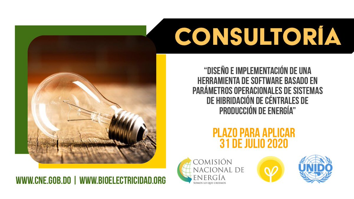 CNE_RD's tweet photo. @UNIDO anuncia la apertura de consultoría “Diseño e implementación de una herramienta de software basado en parámetros operacionales de sistemas de híbridación de céntrales de producción de energía” Link de aplicación  https://t.co/8XabVraFAF @ProyectoBioElec @CNE_RD https://t.co/K8yD5Fw656