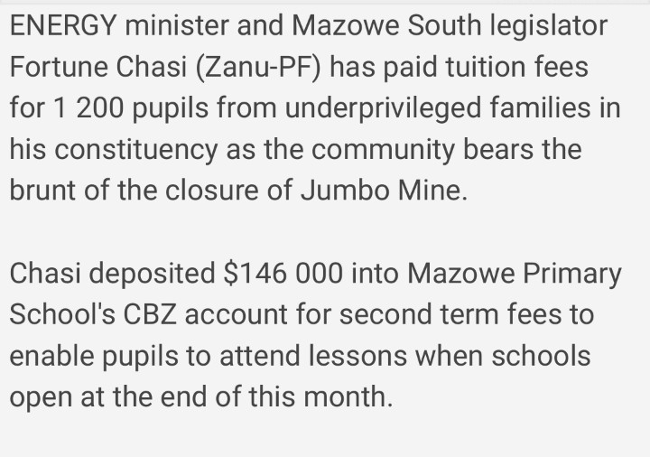 Minister @fortunechasi has paid fees for an entire school in his constituency. This is leadership par excellence. ZanuPf leads & the rest follow. @MaNondo1978 @ttgono @Vie_matongo @boss60886531 @makombe_tk @TawandaKarikoga @NyathiTando @Mug2155 @Charega1 @mashoko11 @gundwenation