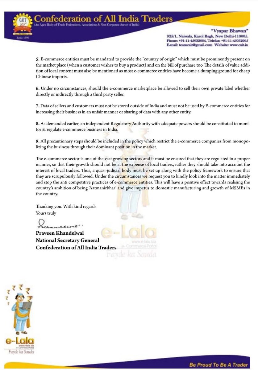 Confederation of All India Traders (CAIT) demands robust, free and fair E-commerce policy in the country. In a letter to the Commerce Minister <a href="/PiyushGoyal/">Piyush Goyal</a>, the traders’ body urge the country of origin for every product should be displayed on the E-commerce platforms.