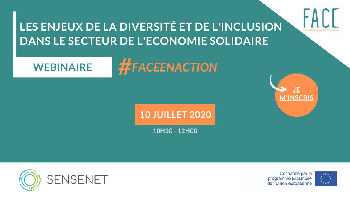 FondationFACE's tweet image. [Pour les managers et services RH de l'#ESS] Inscrivez-vous avant le vendredi 10 juillet au webinaire organisé par #FACE sur les enjeux de la #diversité et de l’#inclusion dans le secteur de l’économie solidaire👉 bit.ly/2VVwfV5 #SENSENET