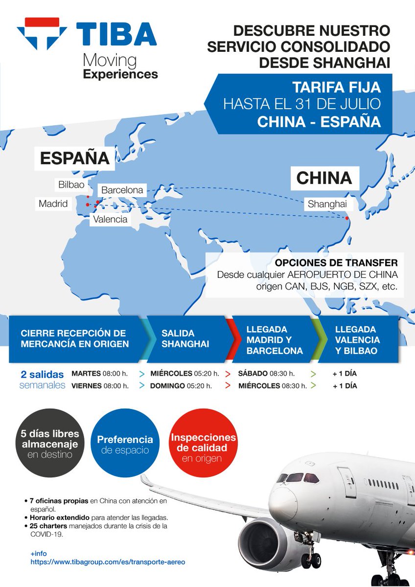 Conoce nuestro servicio regular de #importación de #CargaAérea consolidada de #China y benefíciate de nuestras tarifas fijas hasta el próximo 31 de julio. ¡Infórmate! tibagroup.com/es/transporte-…