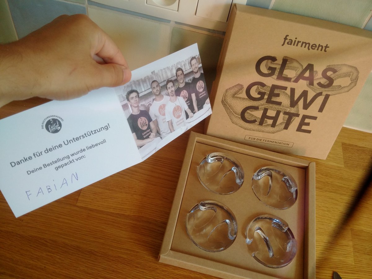 mik_len's tweet photo. received some great fermentation weights this morning from Berlin based @fair_ment . love the little signed postcard describing how they work with local #soc_ent in brewing, filling and packing their products - thanks to Fabian and the team. now to improve my kimchi :) https://t.co/Lc3IdVn1T3