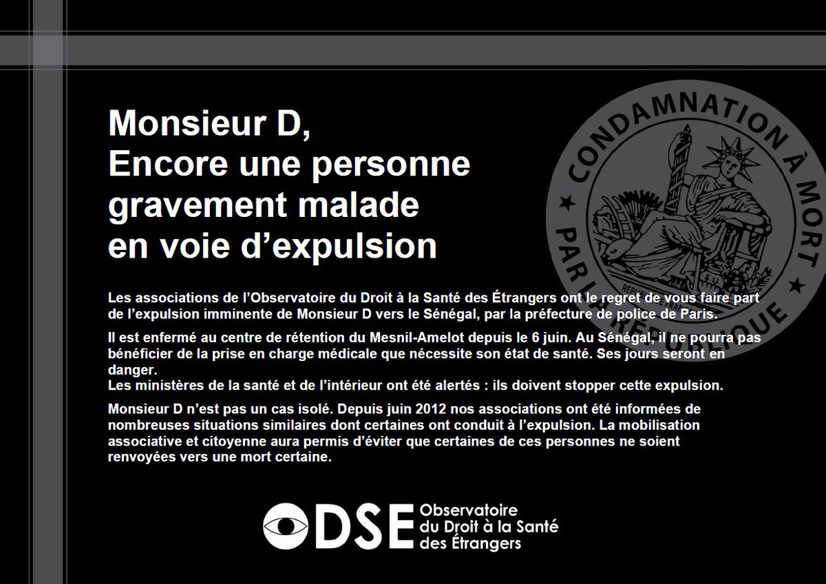 #expulsion = #mort

@Place_Beauvau @MinSoliSante : enfermée en #rétention au Mesnil-Amelot depuis le 6 juin une personne gravement malade est sur le point d'être expulsée au #Sénégal par <a href="/prefpolice/">Préfecture de Police</a>

#soignerouexpulser ?