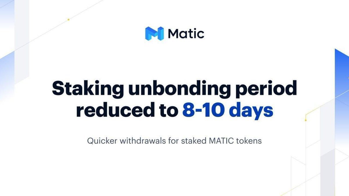 MaticRussia's tweet photo. Период отмены стейкинга Matic был сокращен с 888 контрольных точек (18-21 день) до 424 контрольных точек (8-10 дней)

Юзерам, снимающим свои $MATIC с Staking Dashboard, теперь придется ждать 8-10 дней до возврата застейканых токенов.

Узнайте больше: https://t.co/HmaAk6yEVW https://t.co/y4dsQJebF9