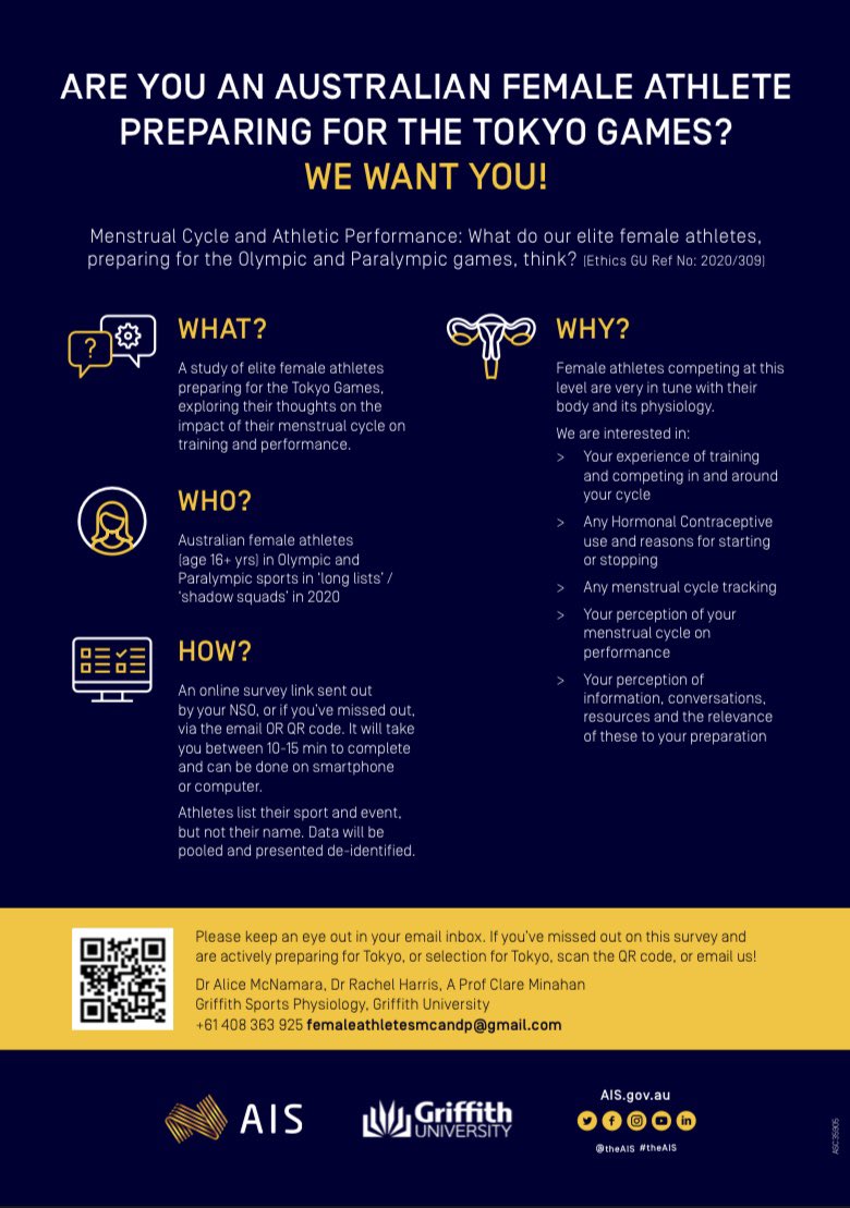 Dr Alice McNamara (@alice_mac6) on Twitter photo Are you an Australian female athlete preparing for the Tokyo Games? We want you! 🥇 Help us understand you and your menstrual cycle, and how you think it impacts performance 🏋🏽♂️🚴🏻♀️ #femaleathletes #menstruationinsport <a href="/theAIS/">Australian Institute of Sport</a> <a href="/Griffith_Uni/">Griffith University</a> Are you an Australian female athlete preparing for the Tokyo Games? We want you! 🥇 Help us understand you and your menstrual cycle, and how you think it impacts performance 🏋🏽♂️🚴🏻♀️ #femaleathletes #menstruationinsport <a href="/theAIS/">Australian Institute of Sport</a> <a href="/Griffith_Uni/">Griffith University</a>