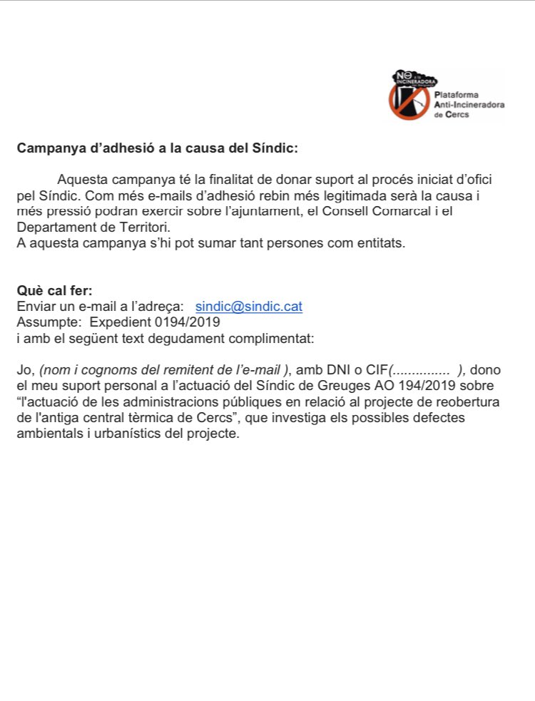 PCercs's tweet photo. Us adjuntem el document de LA CAMPANYA D'ADHESIÓ A LA CAUSA DEL SÍNDIC. #airenetcercs #noincineradoracercs #niaquínienlloc #berguedàsostenible https://t.co/daVy7KbtVO