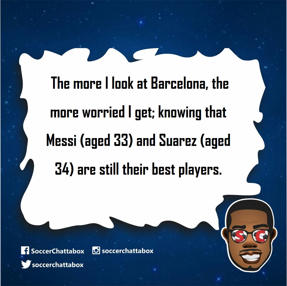 SoccerChattabox's tweet photo. #SCThoughts
Not sure how long those 2 have but it doesn't seem like the club has any real succession plan for its biggest stars. 
Should be looked into...or maybe I'm wrong.
#FCBarcelona #Barcelona #LaLiga #Spain #Messi #Suarez #Football #Soccer #SoccerChatterbox #SC https://t.co/DjQdx1YS6u