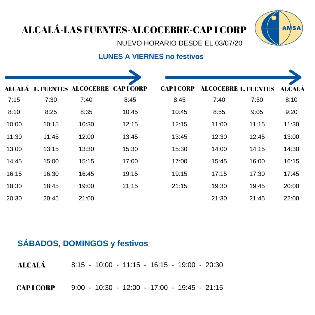 Informamos del nuevo horario de ALCALÁ-LAS FUENTES-ALCOCEBRE-CAP I CORP