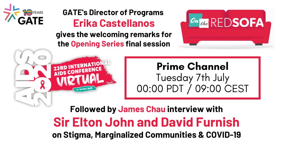 Join our Director of Programs @EriKaCa1075 for #AIDS2020Virtual final session of the Opening Series #OnTheRedSofa followed by @jameschau interviewing @ejaf Founder @eltonofficial & David Furnish on #stigma, marginalized communities & #COVID19. More info: iascslide.ctimeetingtech.com/aids2020/atten…
