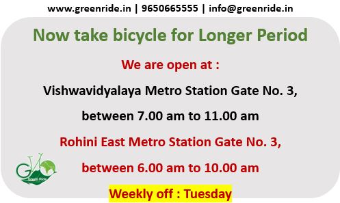 meatuljain's tweet photo. Commute SOLO and be SAFE 
Now Take a Bicycle for Longer Period from GreenRide Public Bicycle Sharing Service Stands at 
Vishwavidyalaya Metro Station, Gate No 3 between 7 am to 11 am and 
Rohini East Metro Station, Gate No 3 between 6 am to 10 am. https://t.co/wWhccCGBW7