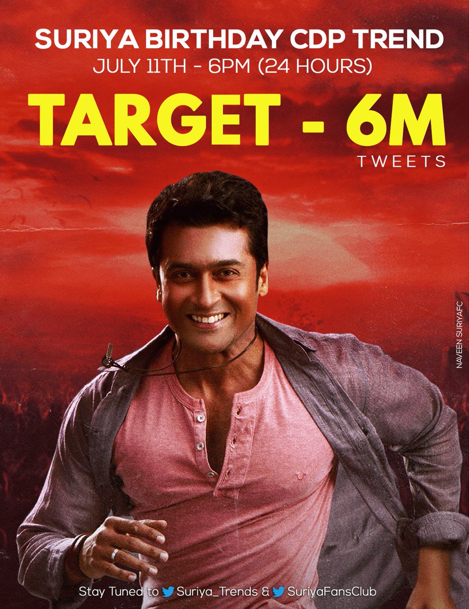 TrendsSuriyaKL's tweet photo. YES.....!! Target Fixed For @Suriya_offl Birthday CDP Trend On July 11th 6PM Is " 6️⃣MILLION Tweets "🙌

• Each &amp; Every Suriya Fan Must Tweet More Than 1K (Without Including Retweets)

• Everyone Has To Be Active For Minimum 17 or 18 Hours

#SooraraiPottru #July23WelfareDay https://t.co/h2bQLNeX8u