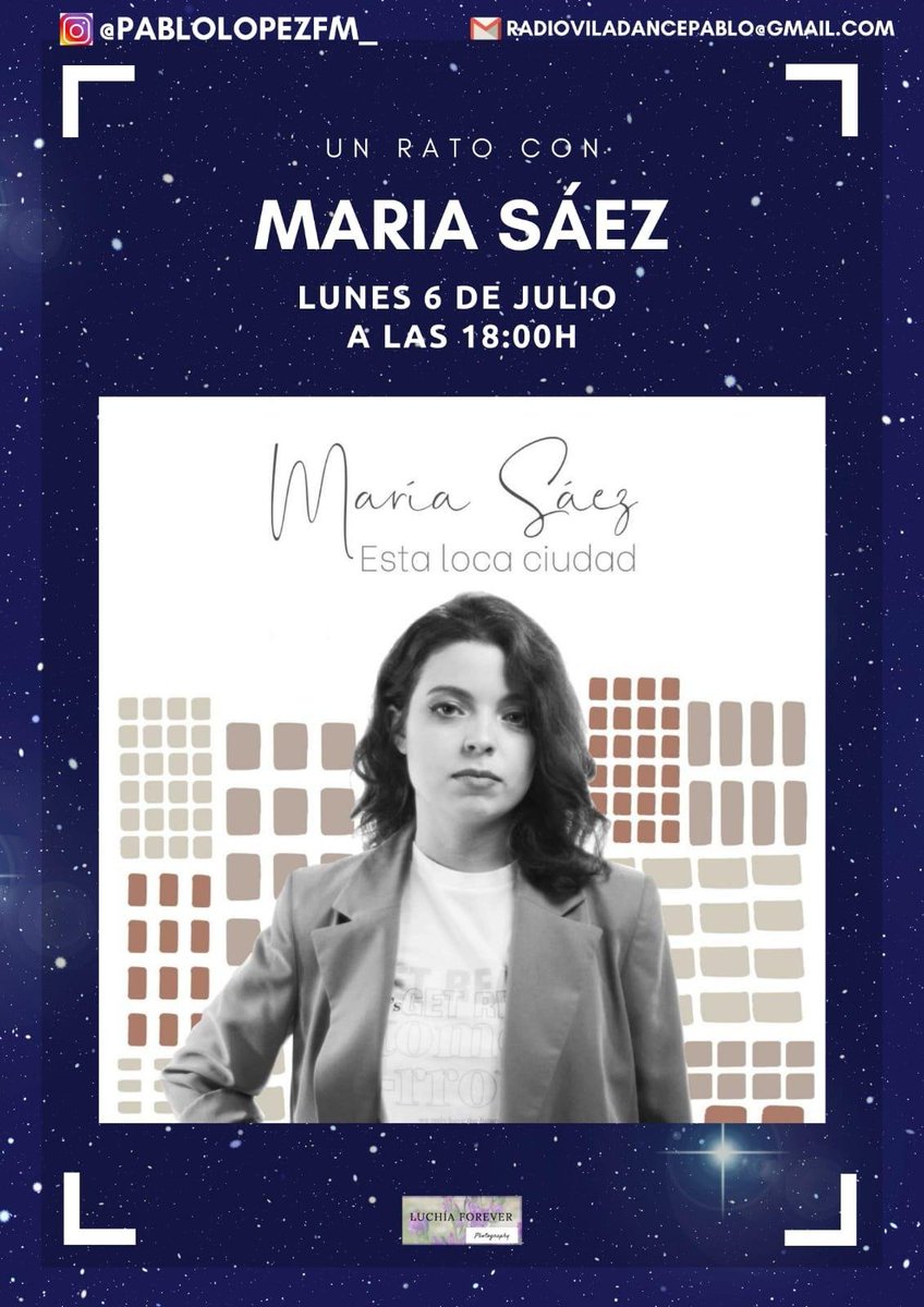 SonograndMusic's tweet photo. Esta tarde, a las 18:30h, María Sáez vía #instagram con
@pablolopezfm_ presentando su single "Esta loca ciudad"
#entrevista #directo #música #EstaLocaCiudad #ElSingle #Novedades @ABDM_web #FelizLunes #InstagramLive @mariasaezmusic https://t.co/8Eivk8UMCC