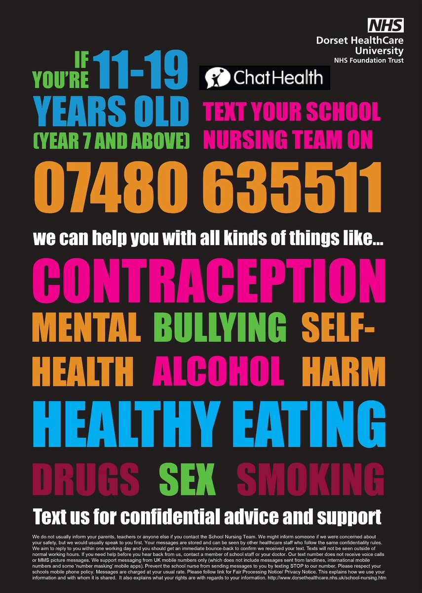 UPinBCP's tweet photo. ChatHealth - 07480 635511

Confidential and anonymous texting service for #youngpeople aged 11-19

Mon–Fri 8:30–4:30 not Bank Holidays

For any queries or concerns around emotional health, physical health, sexual health, family, exams, relationships and more

#UPinPoole #support https://t.co/qWqV8aiZpm