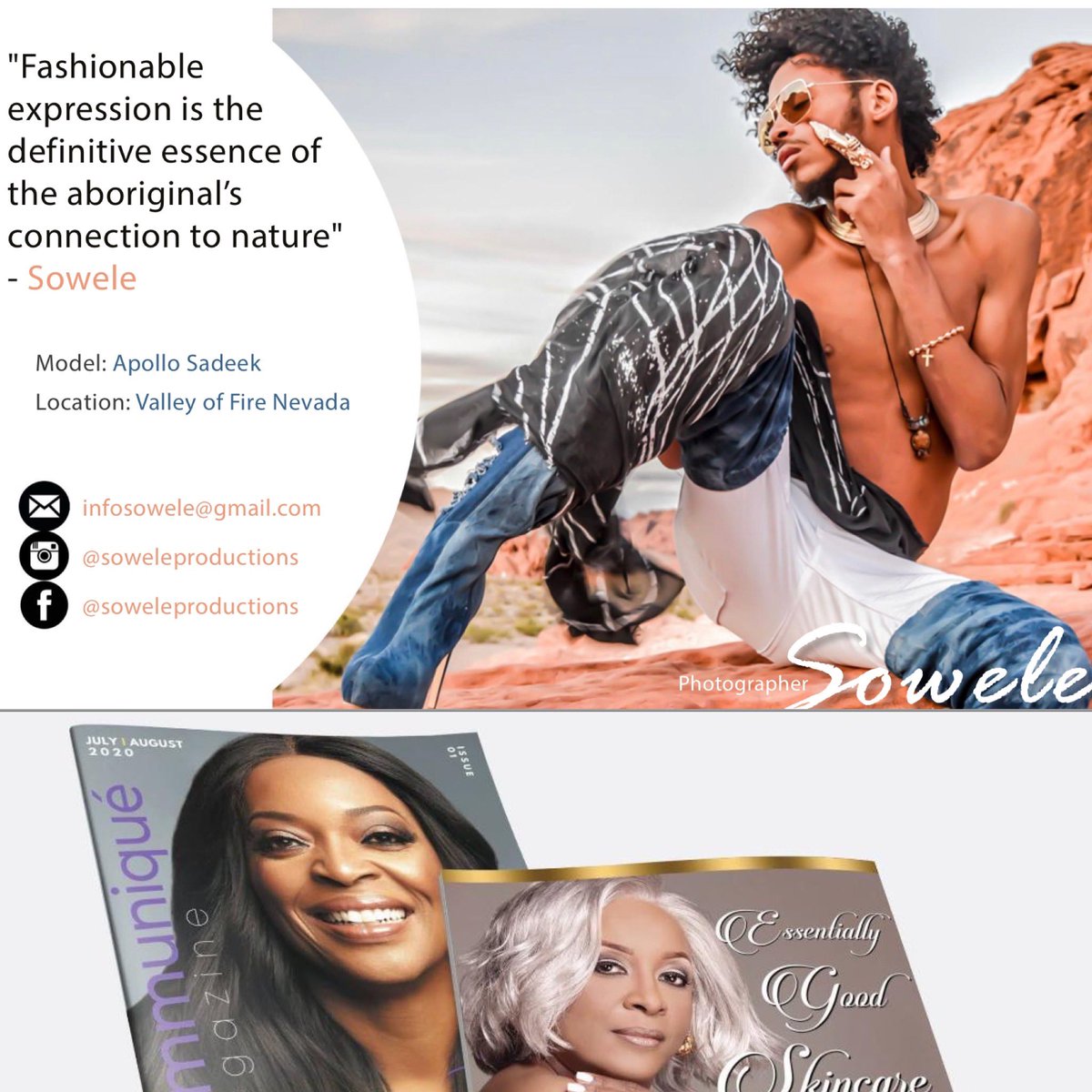 Corretta_Doctor's tweet photo. Photographer Sowele is an absolutely AMAZING Visual Artist! His work is a two page Photo spread in the July | August 2020 Issue of communiqué Magazine. Model: @ApolloSadeek Layout Design: Brandon Jolly View at https://t.co/VRZVgaI7GV Pages 27-28 https://t.co/DtSlpuqWkm