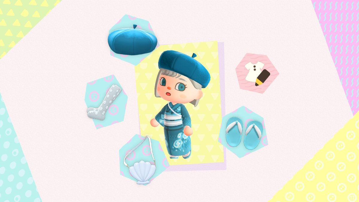 やっと貝殻のポシェットレシピ手に入れましてね！念願のクラゲの着物とのコーデが完成。クラゲの着物着てた方がポシェットと合わせていて羨ましかったんだ… #あつ森 #マイデザイン #ACNH