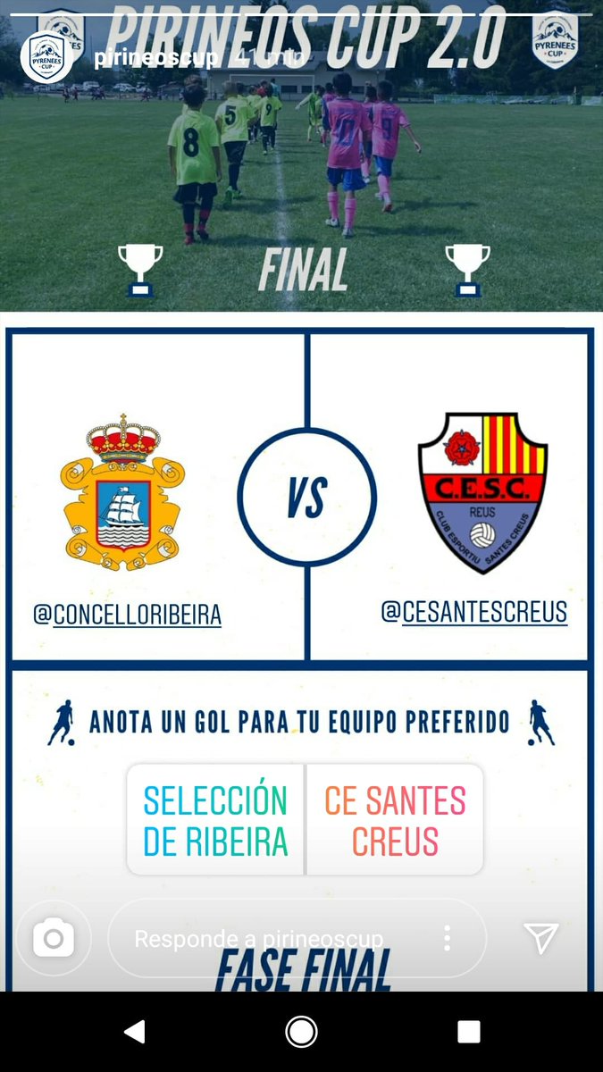 Vota a Selección do <a href="/concelloribeira/">Concello de Ribeira</a> que está na GRAN FINAL da <a href="/PirineosCup/">Pirineos Cup (Cerdanya Cup)</a>. Mete un gol e colabora co equipo do noso pobo.
Entra nas historias de Instagram da <a href="/PirineosCup/">Pirineos Cup (Cerdanya Cup)</a> para axudar e dar o teu voto.
Comparte cos teus amigos......