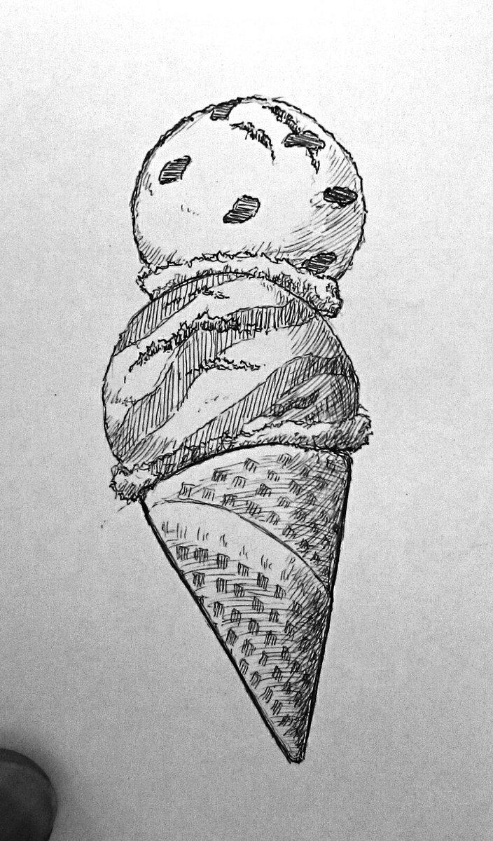 鉄怪屋 ワッフルコーンに乗ったアイスクリーム W ラムレーズンとマーブルアイスの二段重ね ボールペン画 落書き イラスト アイスクリーム ワッフルコーン 二段重ね