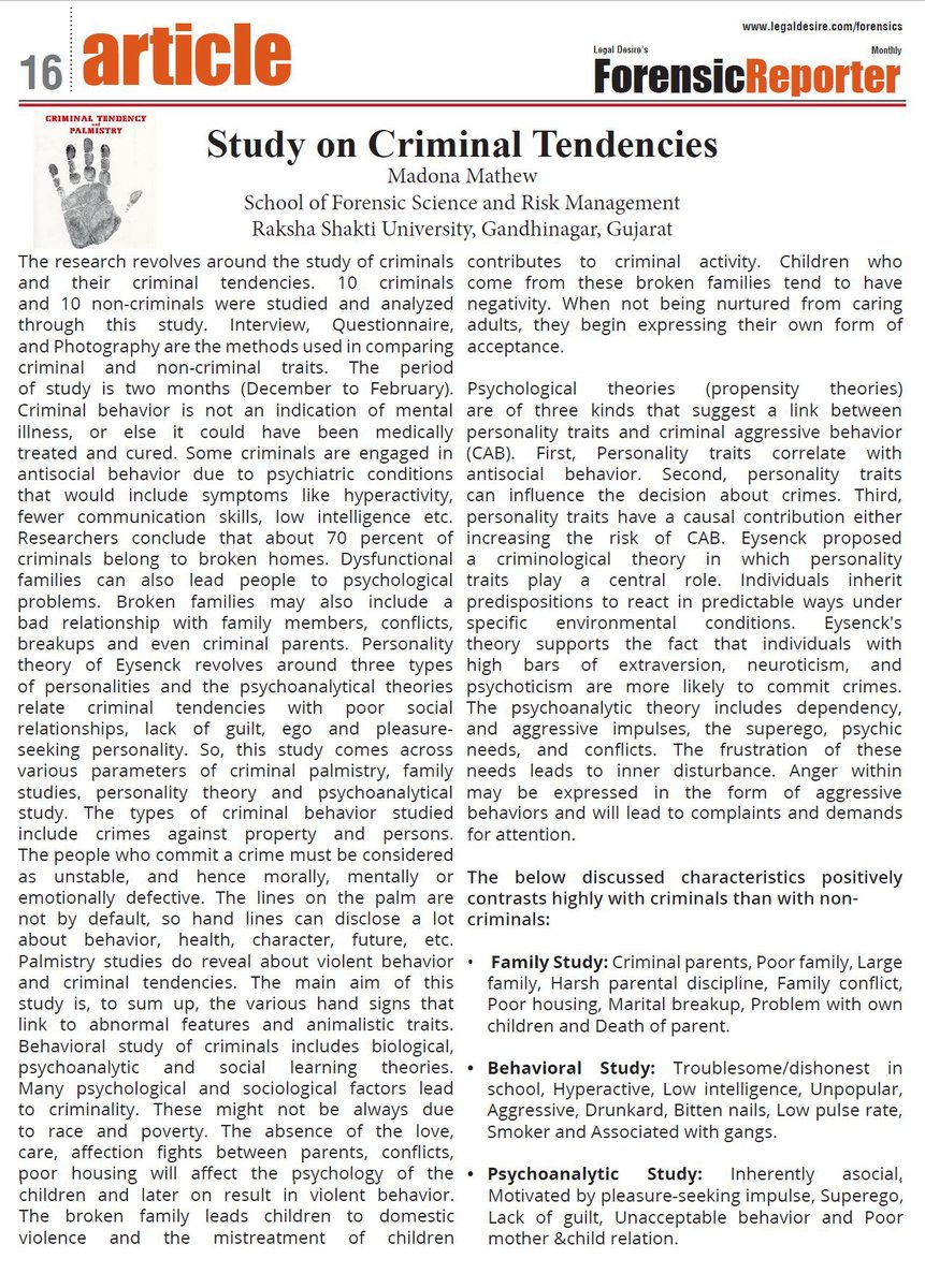 RakshaUni's tweet photo. Could #Palmistry provide foresight in identifying potential #criminals?

An article published in @legaldesire's #ForensicReporter newsletter based on our student, @Madona2908MJ's research.

#CriminalAnalysis
#CriminalPsychology
#CriminalPalmistry
#Criminal
#Forensic
#SFSRM
#RSU https://t.co/pyz1ux4JnQ