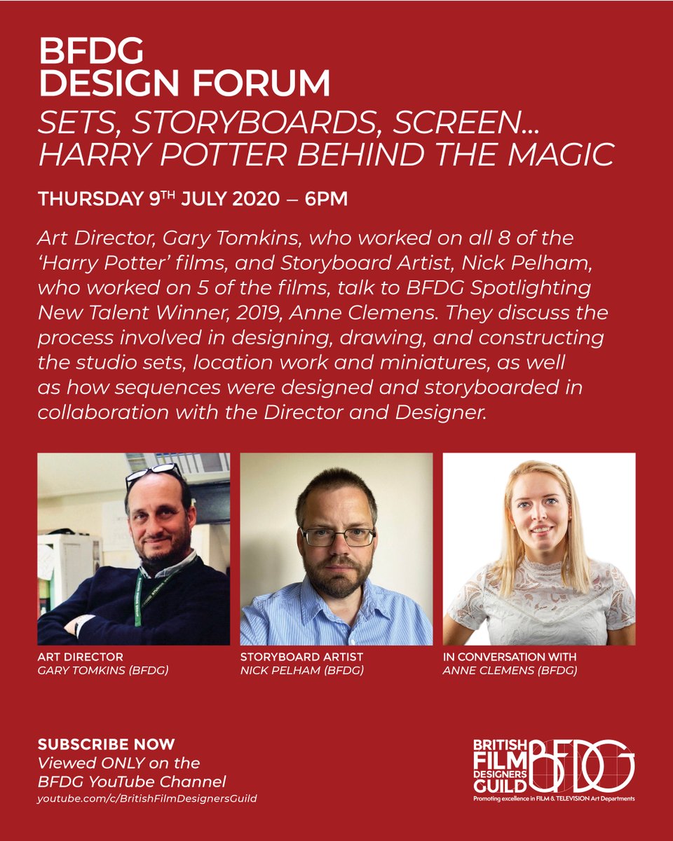 JOIN US FOR OUR NEXT DESIGN FORUM TAKING PLACE AS A YOUTUBE PREMIERE - THIS THURSDAY 9 JULY

To watch, follow this link to the BFDG YouTube Channel
ow.ly/XtiX50AqqjB

#HarryPotter #productiondesign #CineLiveGuide #bfdg