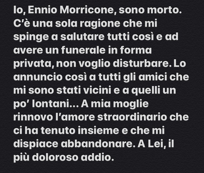 Il necrologio di #EnnioMorricone scritto da #EnnioMorricone e letto questa mattina dal suo avvocato e amico ai cronisti