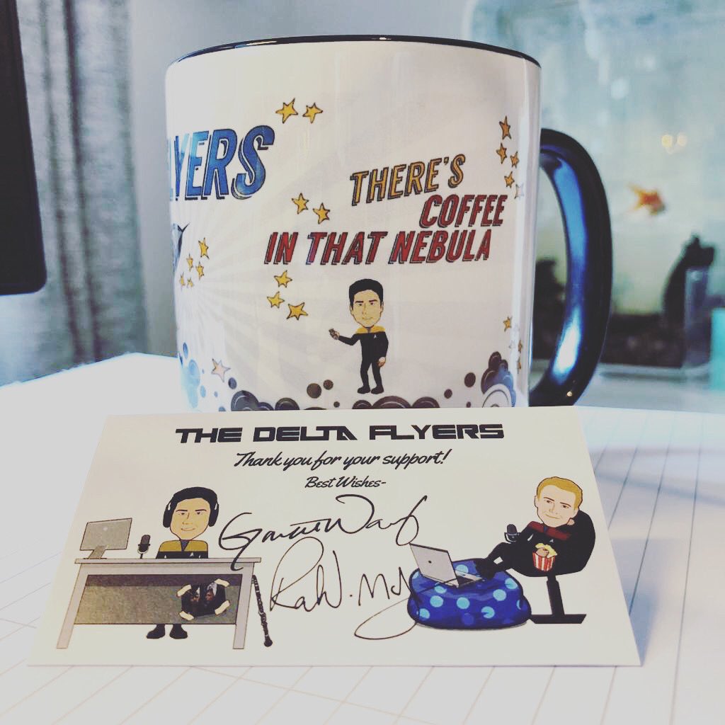 evieengland's tweet photo. An exciting international delivery today! Loot from the #DeltaFlyers arrived just in time for my last morning #coffee!  Will model the face-masks later in the week.  Thank you, and loving the show!! 

#TheresCoffeeInThatNebula #StarTrekVoyager #WarpParticles #MugShotsOfLockdown https://t.co/7KCdI0IuoO
