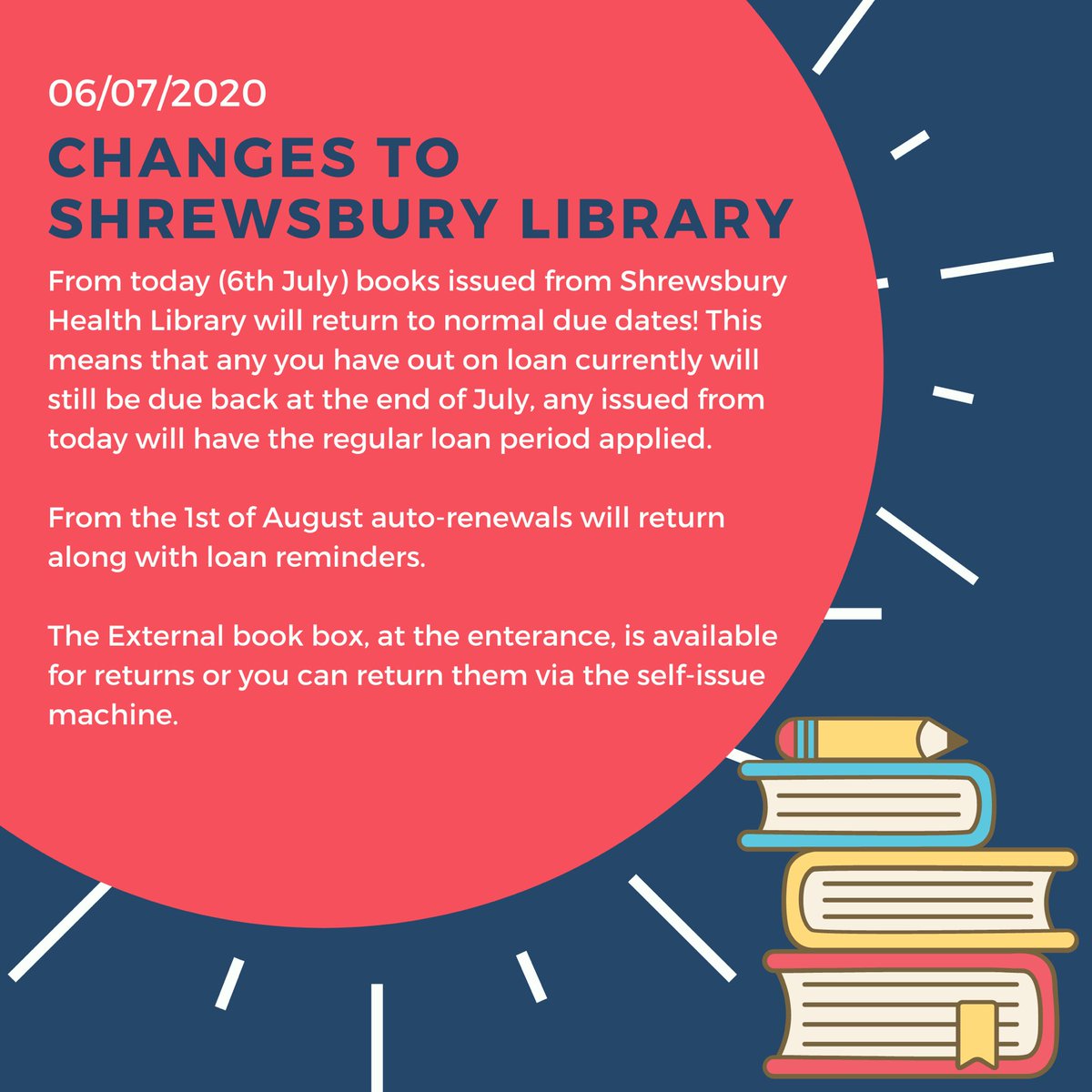 staffsshrewsbu1's tweet photo. Announcement for library services at @sathlibraries ... Normal due dates are returning! but don’t worry no books are due back until the end of July, books issued from today onwards will have the regular loan period applied and auto-renewals will commence from the 1st of August. https://t.co/bmqqkzn5Oj