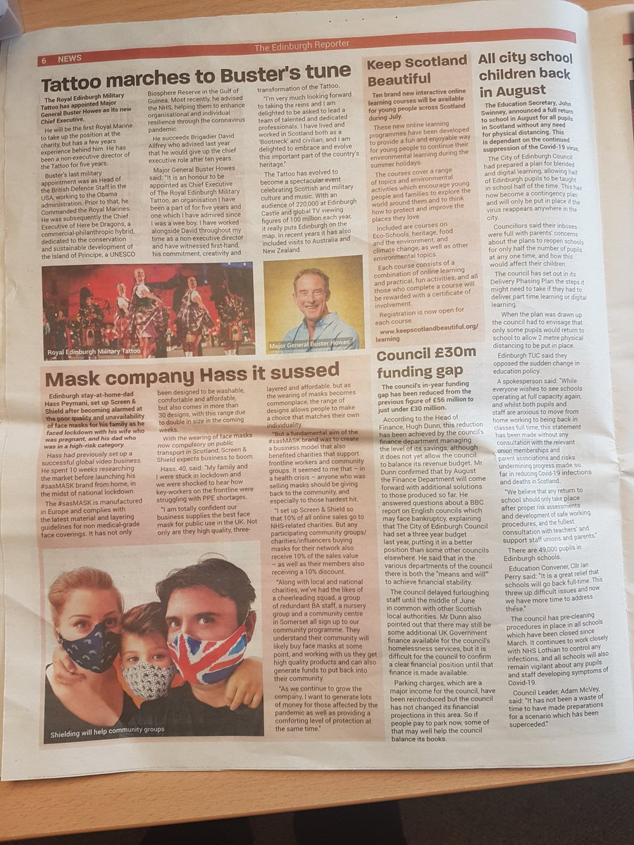 shield_screen's tweet photo. There is no higher accolade than when the press makes a pun from your name. Delighted with this. #Edinburgh #sasMASK #NEWS #facemask #FaceCovering #scotland #Glasgow #presscoverage https://t.co/aeQaJkxeWR