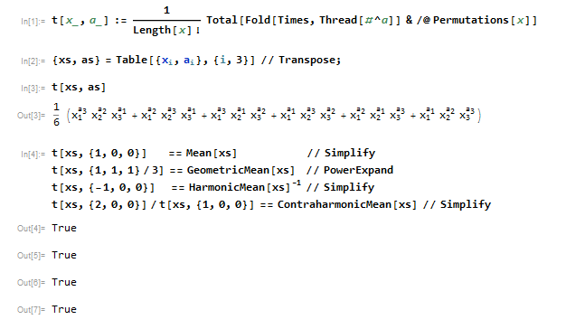 expersso's tweet photo. @nntaleb @CutTheKnotMath And so T[xs, {-1,0,0}] gives the (inverse) harmonic mean and T[xs, {2,0,0}] / T[xs, {1,0,0}] gives the contraharmonic mean. Neat! https://t.co/OnvvrIooex