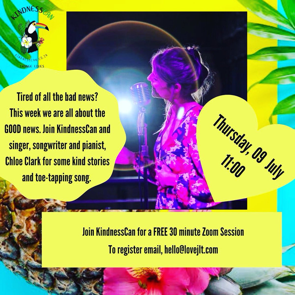 Join <a href="/can_kindness/">KindnessCan</a> <a href="/chloeclarksings/">Chloe Clark</a> this Thursday 11am-11:30am for an uplifting, feel good session as we share stories and songs fueled by love and kindness. Email hello@lovejlt.com for the FREE link 🌈