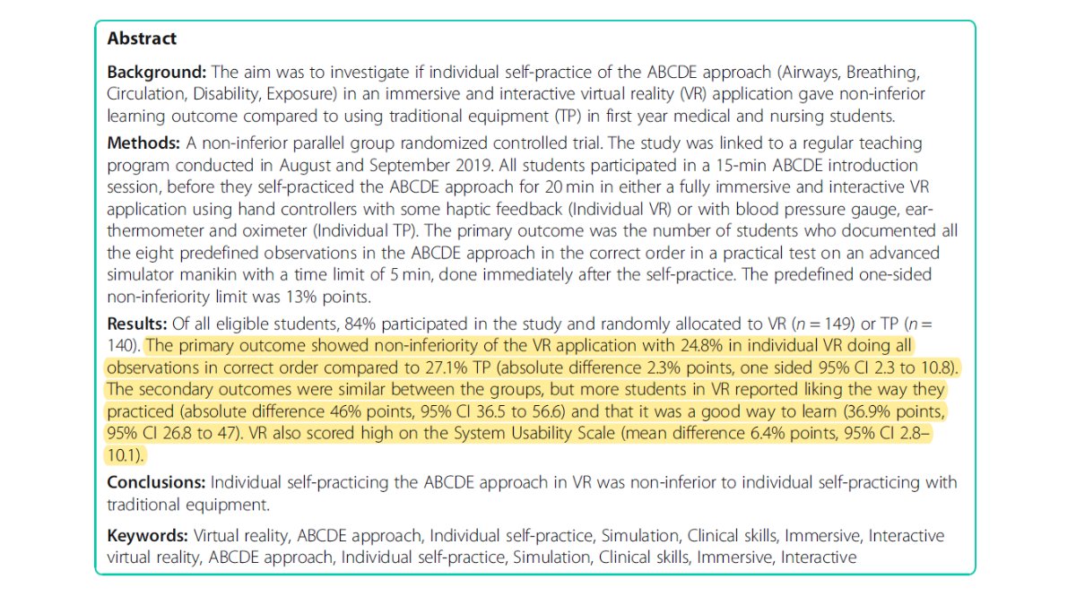 vrmedicalsim's tweet photo. The ABCDE assessment is a cornerstone of clinical practice. Berg and Steinsbekk (2020) show that practicing it in VR is just as good as practicing it on manikins. https://t.co/NPXiYjY9QI https://t.co/gJveh4Vaaw