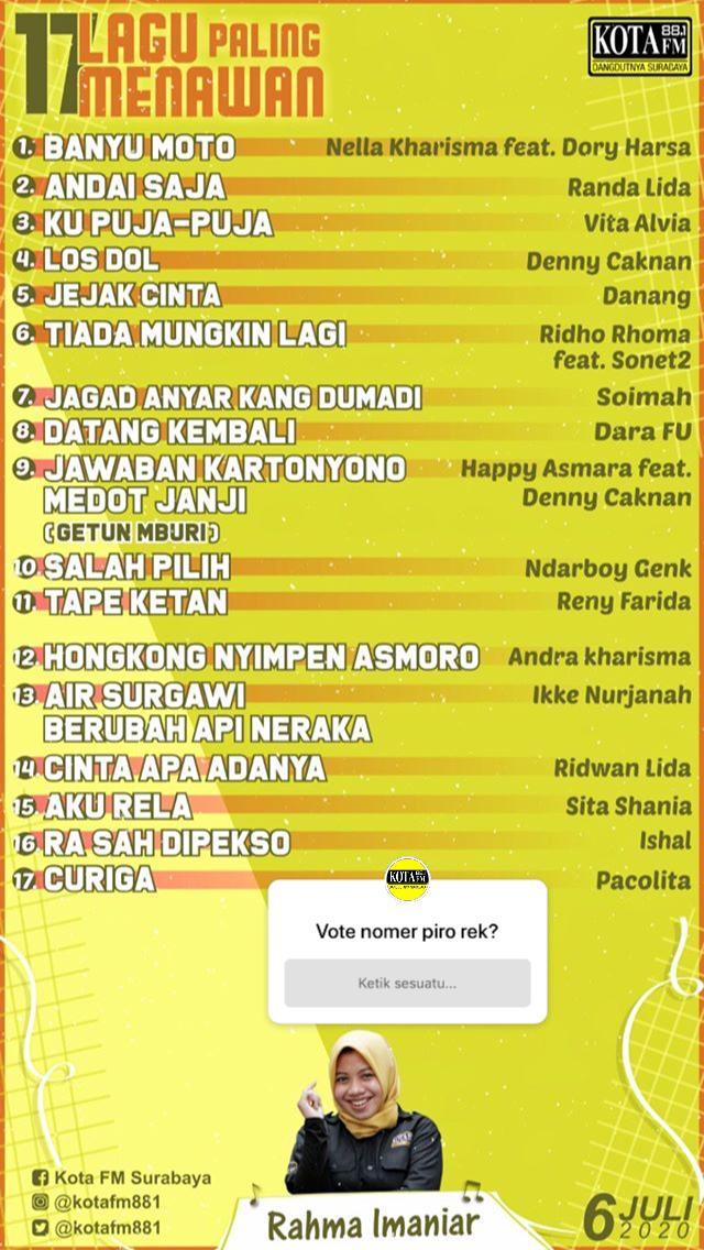 vote lagu seng endi sobat kota?
#TUGUPAHLAWAN #17lagupalingmenawan bareng <a href="/arinarahmaniar/">Arina Rahmaniar</a>