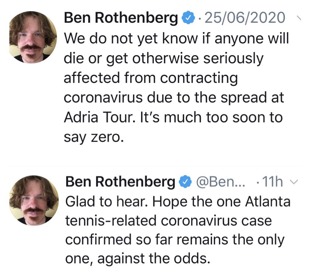 1/. This is just one example of the stark contrast of reporting by  @BenRothenberg of two different tennis events, Adria Tour in the Balkans & All American Cup in Atlanta. Even though after one confirmed case, Adria cancelled their event immediately, Atlanta chose to continue....