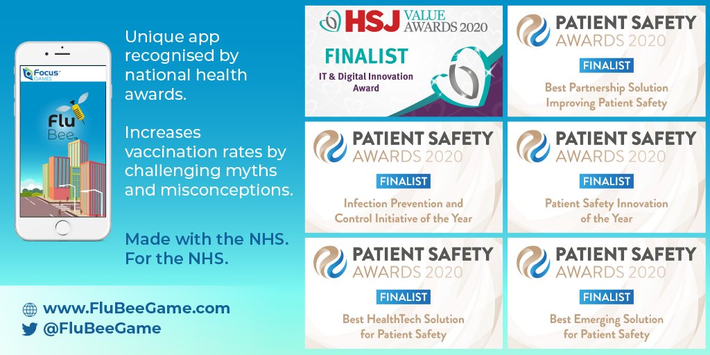 Flu Bee Game is a finalist in 5 HSJ Patient Safety Awards for its outstanding contribution to healthcare. Flu Bee Game persuades staff to get the #flu vaccine. It is designed for #NHS trusts (and care homes) flubeegame.com
<a href="/HSJ_Awards/">HSJ Awards</a> <a href="/RoaringNurse/">#HelloMyNameIsJoan 💙 🇺🇦</a> #HSJpatientsafety