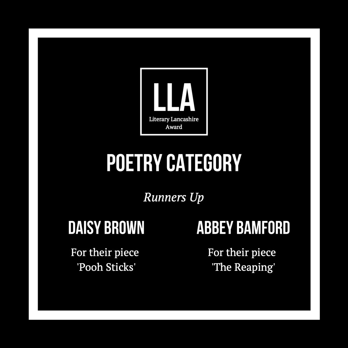 Litlancsaward's tweet photo. Moving on to the poetry category ✍️ We are excited to reveal the winner, runners up, and shortlisted entries! Beautiful pieces all around 🎉
A huge THANK YOU to everyone who participated & supported our team during this challenging year!
#LLA2020 #writeyourfuture #LLA https://t.co/LKagWCmsX4