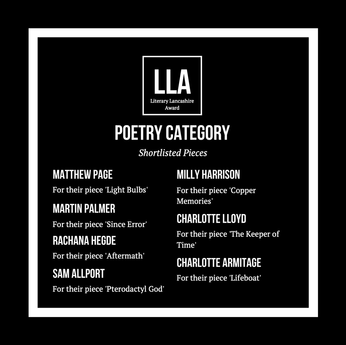 Litlancsaward's tweet photo. Moving on to the poetry category ✍️ We are excited to reveal the winner, runners up, and shortlisted entries! Beautiful pieces all around 🎉
A huge THANK YOU to everyone who participated & supported our team during this challenging year!
#LLA2020 #writeyourfuture #LLA https://t.co/LKagWCmsX4