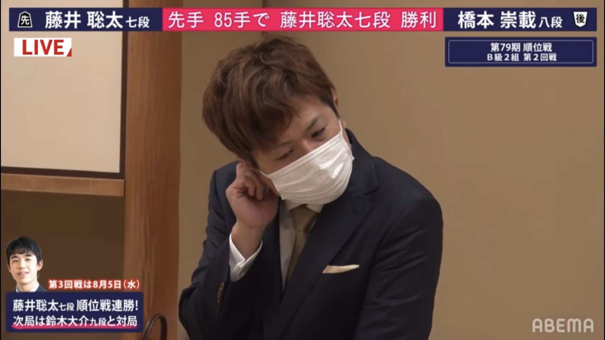 日本将棋猫 第79期 順位戦 B級2組 2回戦 藤井聡太 七段vs 橋本崇載 八段 藤井将棋について 橋本 対戦してみて 扇子を一回転させている間に何手読んでるのかな と スピードが違う 改めて強いなと感じた 藤井君はハード