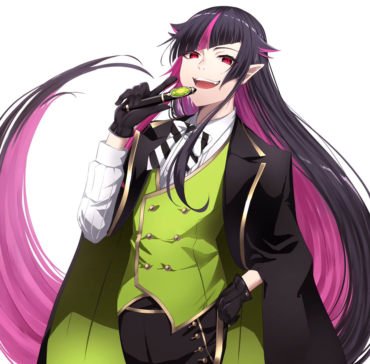 male focus 1boy pointy ears pink hair red eyes gloves long hair  illustration images