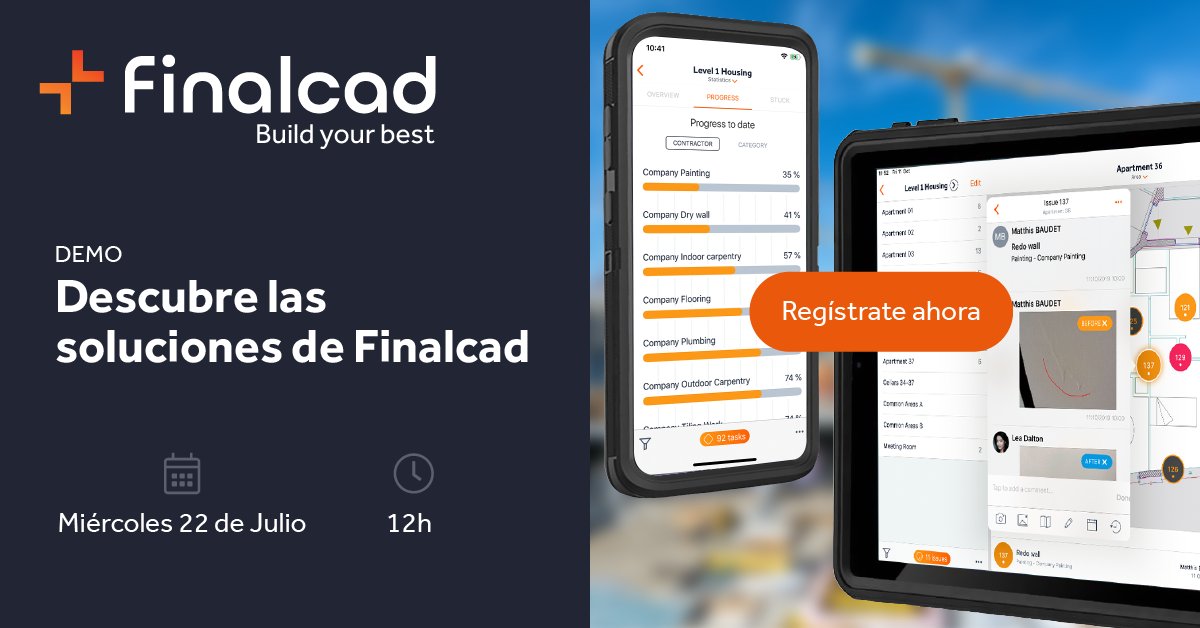 Descubre las soluciones de Finalcad: Únete a nuestra demo de 15 minutos el 22 de Julio a las 12 bit.ly/38tUwGy #DigitalTransformation sformation #building