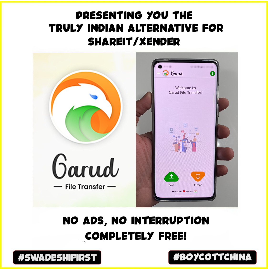 iHarshadAhir's tweet photo. Today, we are launching GARUD FILE TRANSFER, Share Apps, Movies, Music, Documents, and more.

- No Ads
- Very easy and clean user interface
- Made in India

Hoping for your love and support.

Download here : https://t.co/pCjdJyd32Y

#BoycottChina #SwadeshiFirst
#VocalForLocal ❤️ https://t.co/rtRnKjue2X