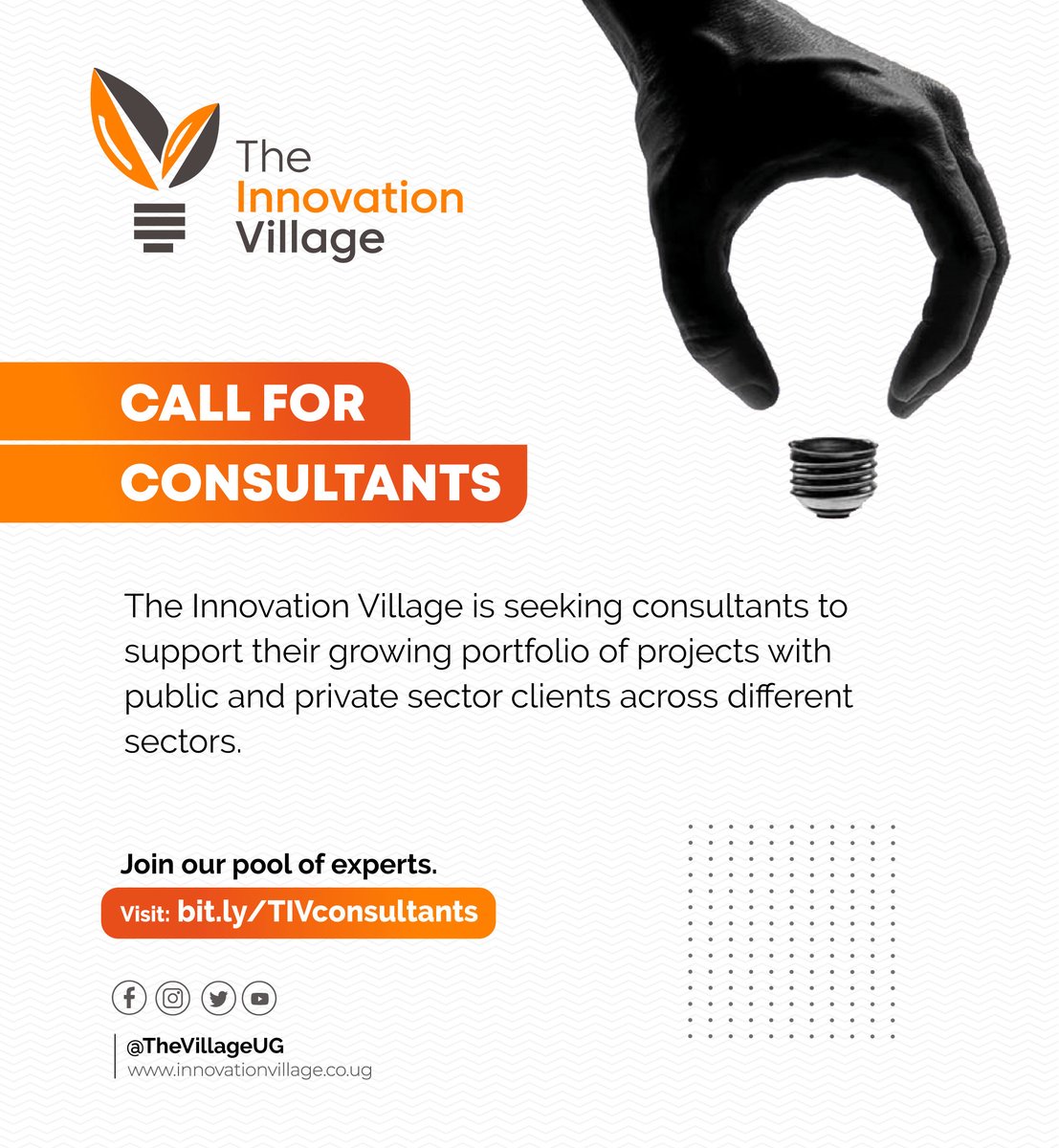 TheVillageUG's tweet photo. #CallForConsultants: The Innovation Village is looking for Innovation and Management Consultants that will help standardize work approaches to enable market and industry trends translate into actionable opportunities.
Visit https://t.co/8ra9fbVF5g for more information. https://t.co/XGNldvkoVX