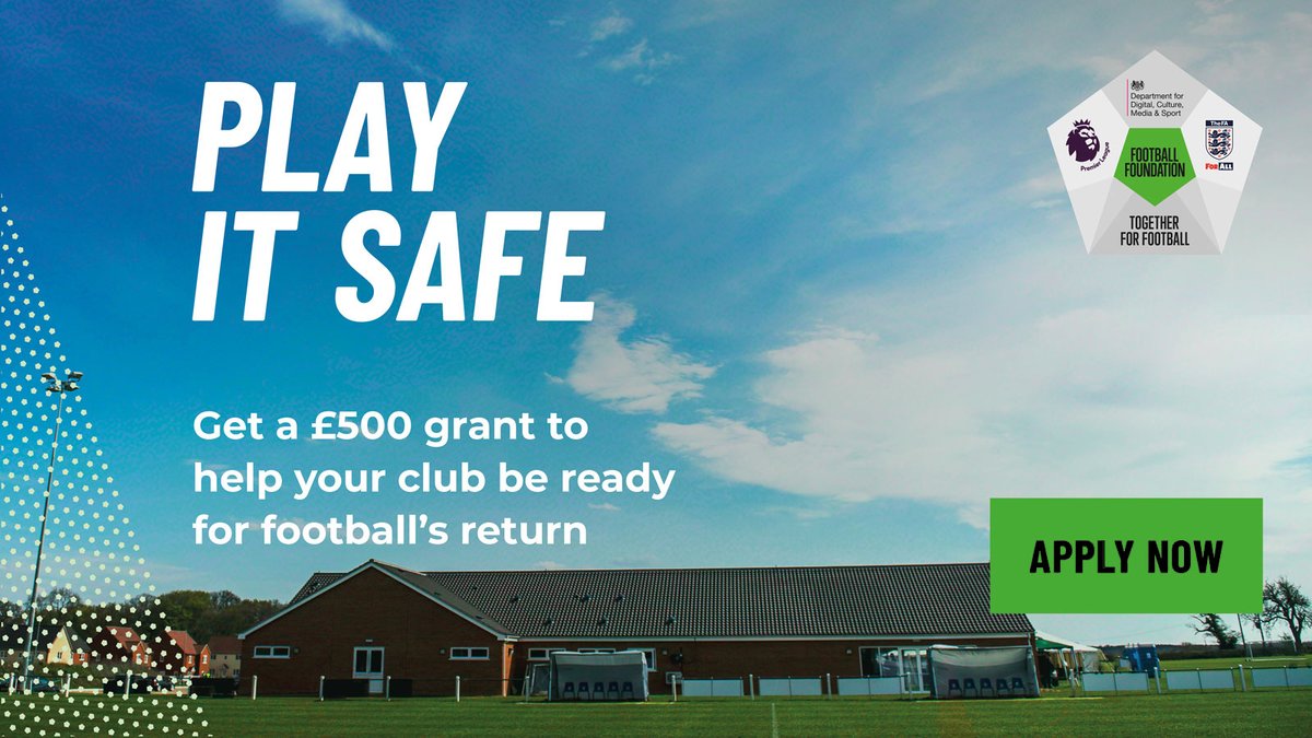 Get a £500 grant from the <a href="/footballfoundtn/">Football Foundation</a> to help make your club’s building a safer environment for the return of football. 

Apply before 19 July

bit.ly/2VnBI6J 

#ClubPreparation
