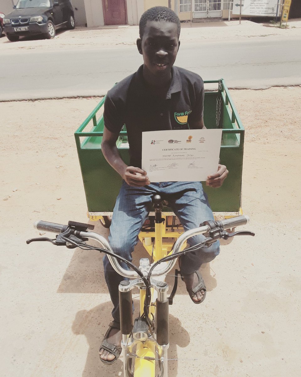 yepgambia's tweet photo. Our #MondayMotivation? 

Babanding Jaiteh &amp; Alagie Sowe of @dexlogistics &amp; @FarmGambia for completing a certificate programme on riding &amp; maintenance of E-solar bikes. 

Happy 😊 to support youth led &amp; owned logistic companies with 1️⃣3️⃣ tricycles to boost their supply chain. https://t.co/sdVutKM6Ne