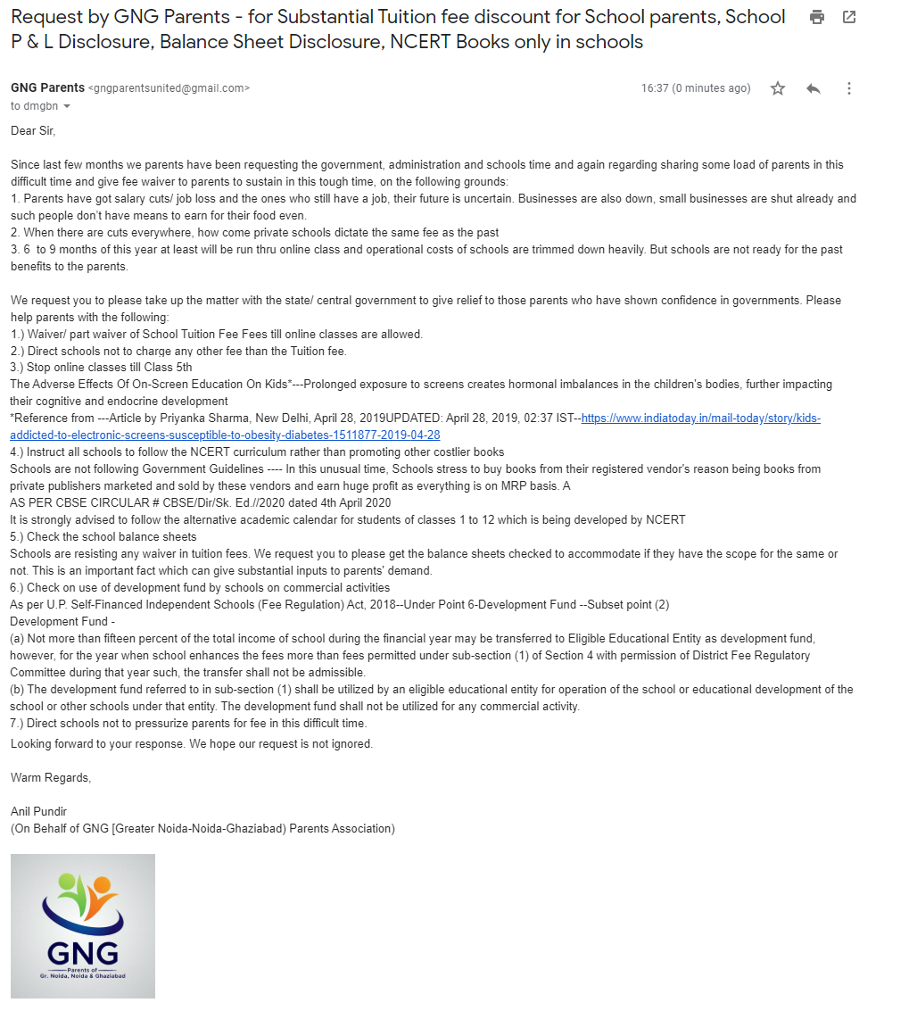 GPWS_Official's tweet photo. Respected Suhas ji @dmgbnagar please help the parents in this difficult situation. We parents have send a request note to you to help the parent on this fee burden when there is no certainty of their jobs and salaries.  Request your kind attention. https://t.co/rhRVYTyJpX