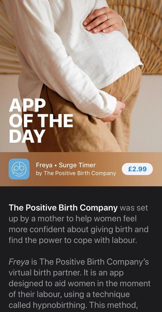 ElectricLabsLtd's tweet photo. FREYA is App of the Day on the @Apple App Store! We've also been in the top three paid app downloads quite a few times now 🥳 Thanks for all your support! #appOfTheDay #hypnobirthing #🤰 #positiveBirthCompany https://t.co/SvRXkpOVOr