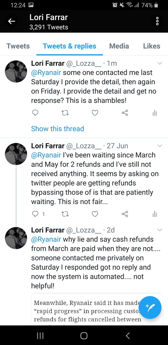 _Lozza__'s tweet photo. @Ryanair 20 March I've been waiting, firstly due to your refunds system that did not work... tried to contact you a few times... I'm only annoyed because you've said that all March's cancellations have been refunded &amp; others are receiving thiers before me for cancellation in May! https://t.co/d7n9QFG7xI