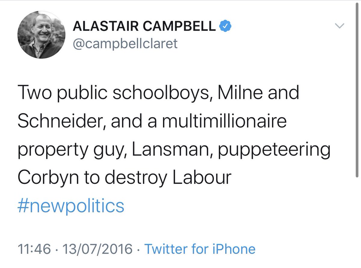 A key example would be Alastair Campbell, who deployed the 'puppet master' antisemitic trope to attack Jon Lansman. He might have deserved the benefit of the doubt had he not presided over a campaign against Michael Howard that was considered antisemitic. http://news.bbc.co.uk/1/hi/uk_politics/4223091.stm  https://twitter.com/possiblynotel/status/1280097195631484928