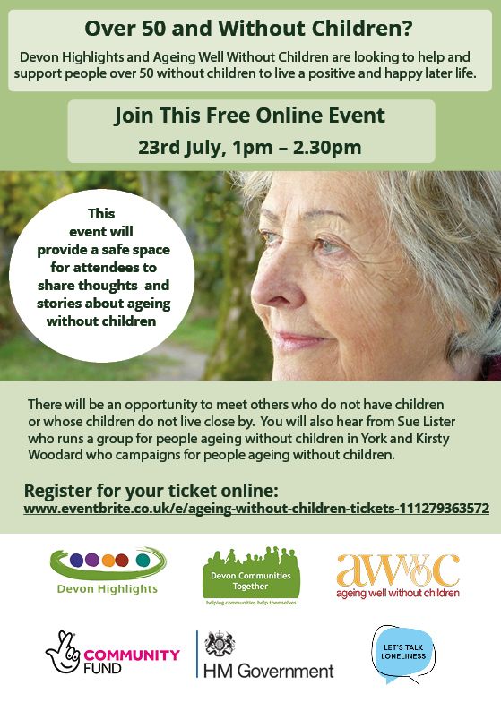 DevComsTogether's tweet photo. The second event from @AWOCUK and Devon Highlights is coming up on the 23rd July. This free online event, for anyone over 50, will provide an opportunity to meet others who do not have children or whose children do not live close by. Further details here: https://t.co/1AoJFOMNKc https://t.co/a6dM4DuMQc