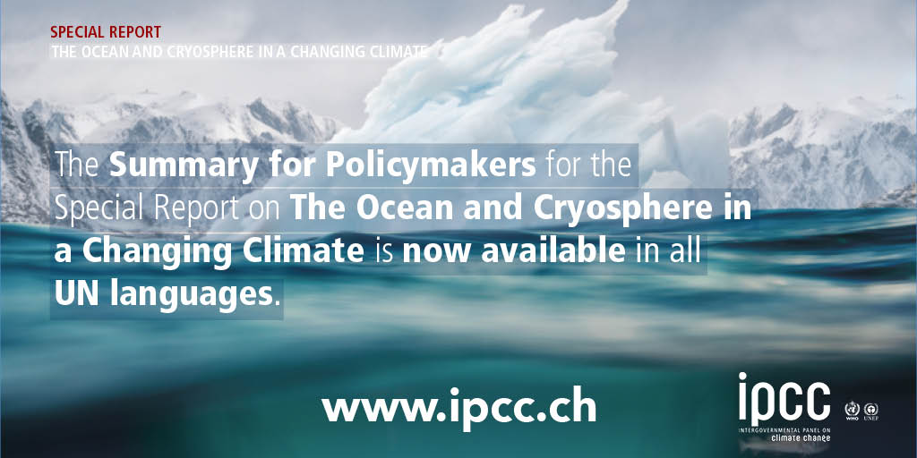 IPCC_CH's tweet photo. The Summary for Policymakers for the Special Report on the Ocean and Cryosphere in a Changing Climate 🌊 is now available in all UN languages:

📘 https://t.co/INhkFDKDKr
🇬🇧 🇫🇷 🇨🇳 🇪🇸 🇦🇪 🇷🇺 https://t.co/IysUorGUxp